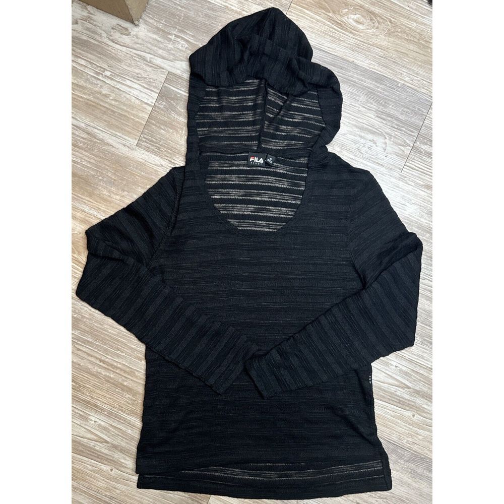 FILA Black Sheer Athletic Hooded Long Sleeve Shirt Great Condition Womens M